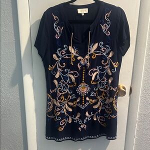 Skies are Blue Navy Blouse with Multicolor Embroidery